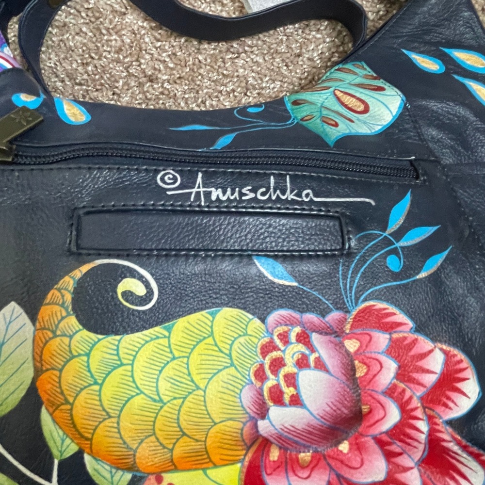 Anuschka Hand Painted Leather Hobo Bag Royal Taj Blue Floral NWT 7412-RTB-MLT - Picture 7 of 9